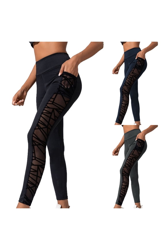 Women's Tummy Control Yoga Pants with Pocket Quck Dry High Waisted Athletic Leggings Sculpting Mesh Patchwork Gym Bottoms for Running Fitness