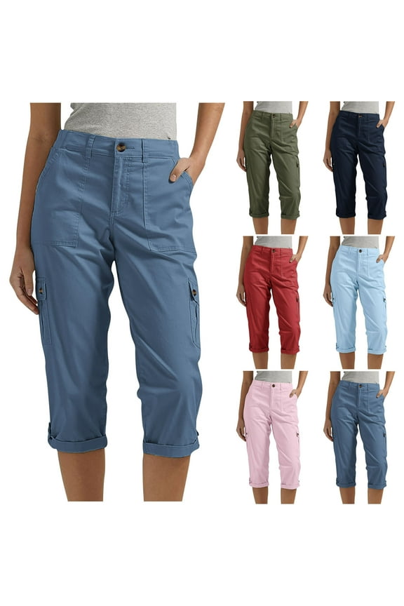 Women's Twill Cargo Capri Pants with Mulit Pockets Summer Trendy Solid Button Trousers Dressy Casual Tight Waist Bottoms