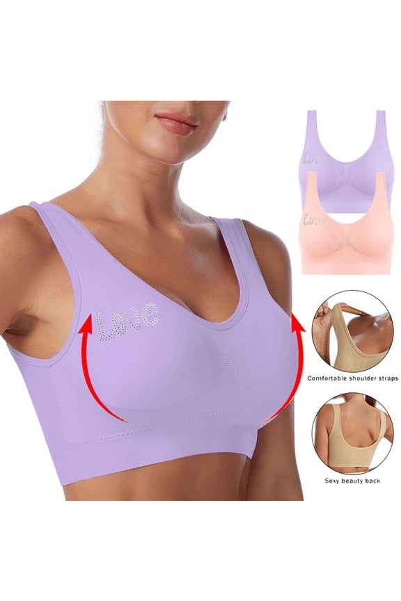 Women's U Neck Comfort Wire Free Bra Love Rhinestone Inlay Wide Fixed Shoulder Straps Two Pack Pink Lavender Seamless Sleep Underwear Purple (S-XXXXL)