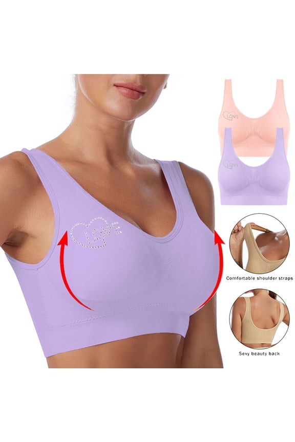 Women's U Neck Wire Free Comfort Bralette Heart Shaped Love Rhinestone Inlay Two Pack Pink Lavender Wide Non Slip Straps Breathable Everyday Underwear Pink (S-XXXXL)