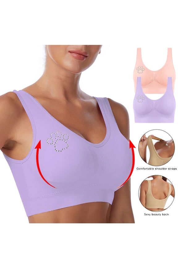 Women's U Neck Wire Free Seamless Bralette Paw Rhinestone Pattern Wide Non Slip Straps Two Pack Pastel Color Soft Breathable Everyday Support Underwear Purple (S-XXXXL)