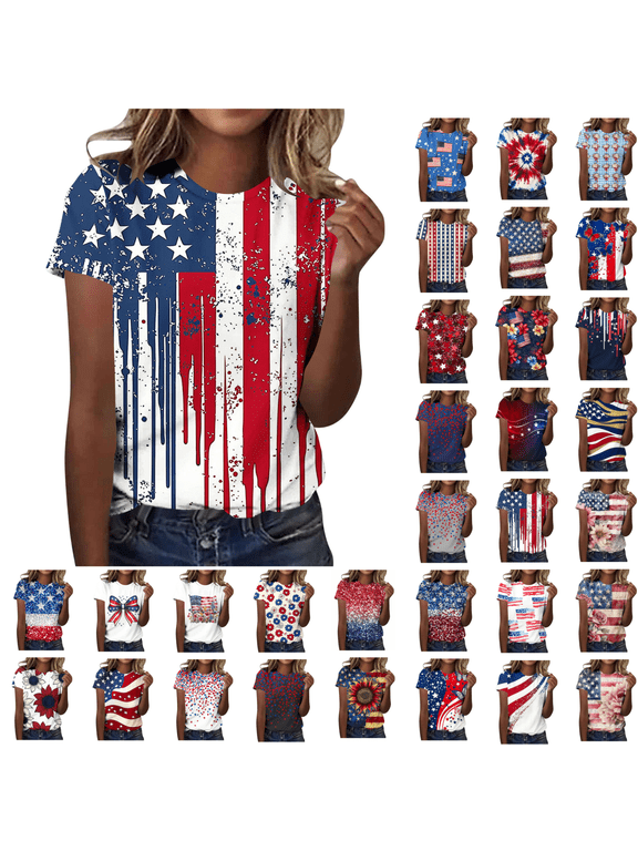Women's USA Flag Short Sleeve Crewneck Tees Gold Glitter Wave Print Tops 4th of July Patriotic Shirts Yellow XXXL