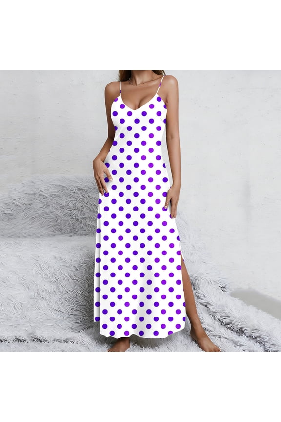 Women's V-Neck Spaghetti Strap Maxi Dress Satin Summer Slip Nightgowns Polka Dot Print Sleeveless Side Split Dress