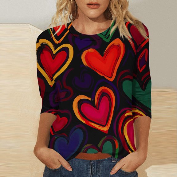 Inverlee Women's Valentine's Day Shirts Cute Love Heart Graphic Tees Stretch 3/4 Sleeve Blouse Round Neck Dressy Casual T-shirt Tops Womens Spring Fashion 2025