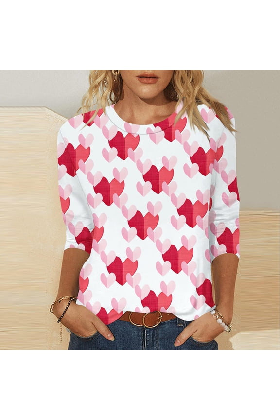 Women's Valentine's Day Shirts Sweet Love Heart Graphic Tees Work 3/4 Sleeve Blouse Round Neck Dressy Casual T-shirt Tops Spring Clothes for Women 2025
