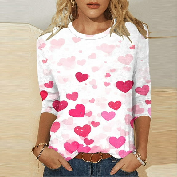 Inverlee Women's Valentine's Day Shirts Sweet Love Heart Print Tees Stretch 3/4 Sleeve Blouse Crewneck Going Out T-shirt Tops Spring Clothes for Women 2025