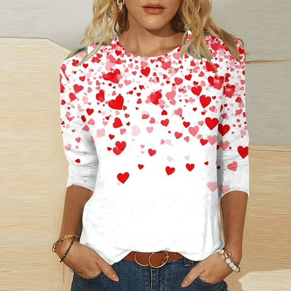 Inverlee Women's Valentines Day Shirts Plus Size Love Heart Graphic Tees Casual 3/4 Sleeve Blouse Round Neck Dressy Casual T-shirt Tops Womens Spring Fashion 2025