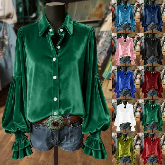 Inverlee Women's Velvet Winter Lantern Long Sleeve Tops Cuff Button Down V Neck Shirts Elegant Dressy Lapel Collar Blouse