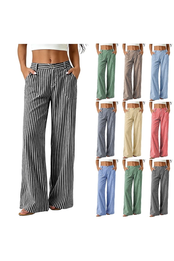Women's Vertical Striped Wide Leg Jeans Button Fly Multi Pocket Casual Palazzo Pants Green XXL
