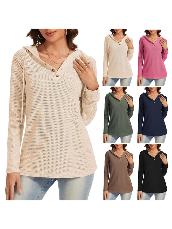 Women's Waffle Knit Henley Hooded Top Drawstring Partial Button V Neck Long Sleeve Curved Hem Multi Color Casual Daily Tops Beige L