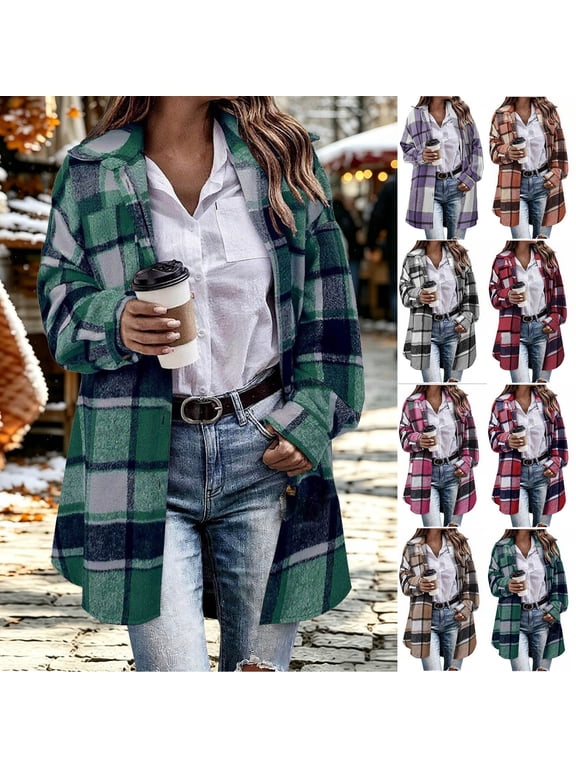 Women's Wool Blend Plaid Jackets Lapel Long Sleeve Shacket Mid Length Warm Overcoats Autumn Outdoor Wear Wine (S-XXL)