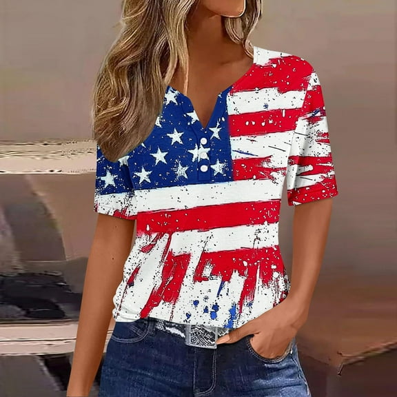 Inverlee Womens 4th of July Shirts Plus Size American Flag Print Patriotic Tshirts Elegant Short Sleeve Tees Classic V Neck Blouses Tops