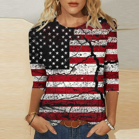 Inverlee Womens 4th of July Shirts Plus Size Patriotic Red White and Blue Print Tshirts Tunic 3/4 Sleeve Tees Soft Crewneck Blouses Tops