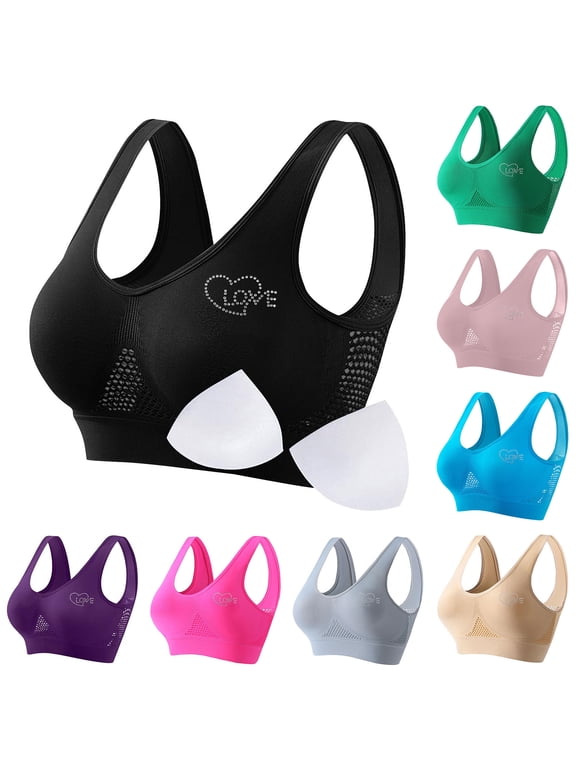 Womens Air Mesh U Back Wireless Bra Heart Love Rhinestone Pattern Wide Fixed Straps Vibrant Multi Color Removable Soft Pads Daily Workout Bralette Black (S-XXXXXL)