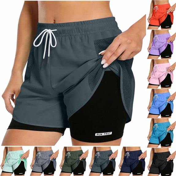 Inverlee Womens Athletic Shorts Drawstring Quick Dry Workout 2 in 1 Running Shorts Summer Casual Elastic Wasit Pocketed Short with Liner Navy XS