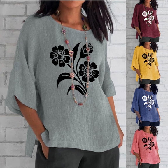 Inverlee Womens Blouses Dressy Casual 3/4 Sleeve Tops Cute Loose Fit Dandelions Print Shirts Lightweight Elegant Tunic Top