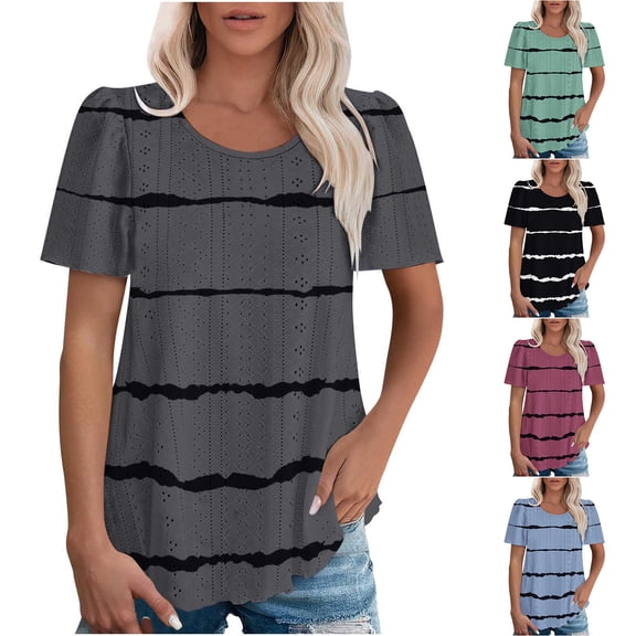 Inverlee Womens Blouses Dressy Casual Puff Short Sleeve Tops Eyelet Hollow Out Trendy Loose Fit Striped Print Shirts Lightweight Work Tunic Top