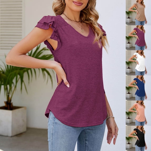 Inverlee Womens Blouses Dressy Casual Ruffle Short Sleeve Tops Cute Loose Fit Solid Color Shirts Breathable Holiday Tunic Top