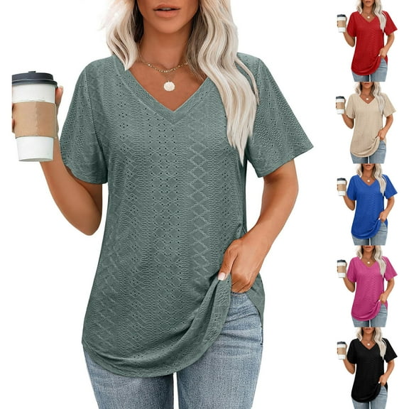 Inverlee Womens Blouses Plus Size Short Sleeve Tops Eyelet Hollow Out Casual Loose Fit Solid Color Shirts Breathable Elegant Tunic Top