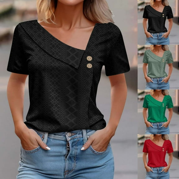 Inverlee Womens Blouses Plus Size Short Sleeve Tops Eyelet Hollow Out Summer Loose Fit Solid Color Shirts Breathable Elegant Tunic Top Summer Fashion