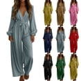 thumbnail image 1 of Inverlee Womens Boho Linen Cuffed Long Sleeve Jumpsuits Elegant Flowy Wide Leg Long Romper Pants High Waist Solid Belt Loose Fit Comfort Jumpsuits with Pockets, 1 of 8