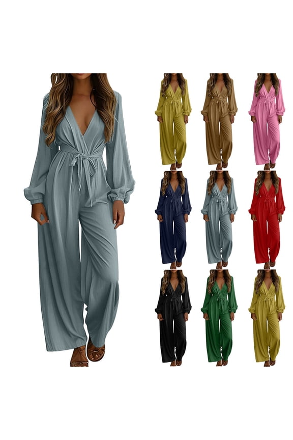 Womens Boho Linen Cuffed Long Sleeve Jumpsuits Elegant Flowy Wide Leg Long Romper Pants High Waist Solid Belt Loose Fit Comfort Jumpsuits with Pockets