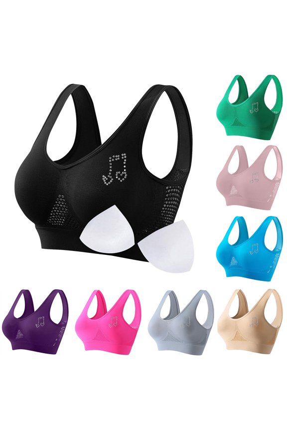 Womens Breathable Mesh U Neck Wire Free Bra Music Note Rhinestone Wide Elastic Straps Multi Bright Color Removable Padding Fitness Lingerie Black (S-XXXXXL)