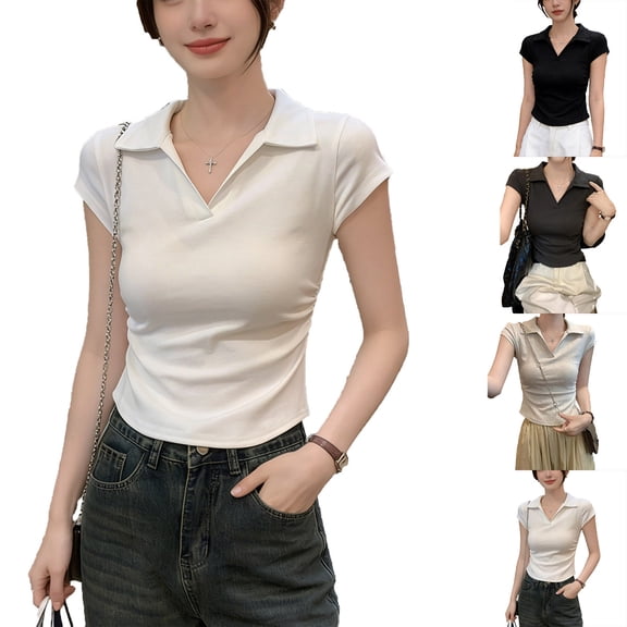 Inverlee Womens Cap Short Sleeve Crop Tops Trendy Solid V Neck Collared Shirts Dressy Casual Slim Fit Blouse