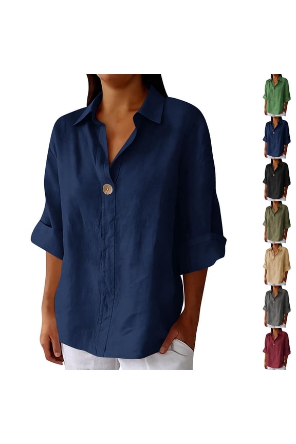 Womens Casaul Cotton Linen 3/4 Sleeve Shirts Trendy Solid V Neck Tops Lapel Collar Dressy Blouse