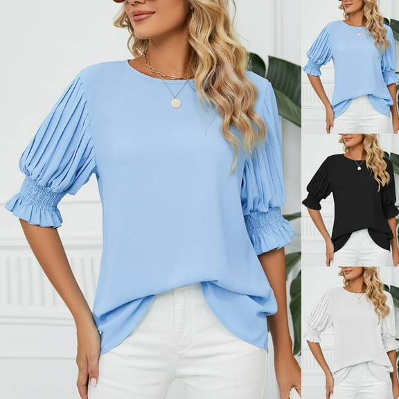 Inverlee Womens Chiffon Blouses Plus Size Ruffle Short Sleeve Tops Trendy Loose Fit Solid Color Shirts Flowy Holiday Tunic Top Summer Fashion
