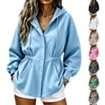 thumbnail image 1 of Inverlee Womens Cinched Waist Drawstring Hooded Jacket Button Front Side Pockets Long Sleeve Sweatshirts Casual Fall Outerwear Loungewear Tops Blue M, 1 of 7