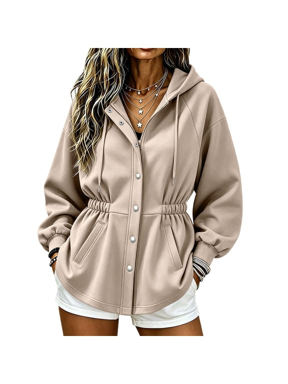 Womens Cinched Waist Drawstring Hooded Jacket Button Front Side Pockets Long Sleeve Sweatshirts Casual Fall Outerwear Loungewear Tops Khaki S