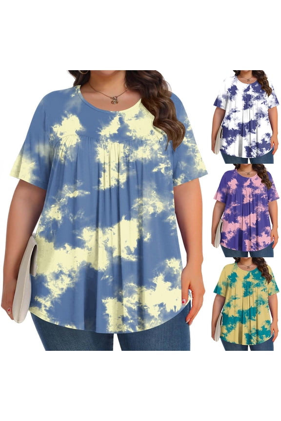 Womens Cloud Print Short Sleeve Crewneck Babydoll Blouse Summer Plus Size Loose Fit Breathable Tunics Dressy Casual Softy Comfy Tops with Chest Pleated