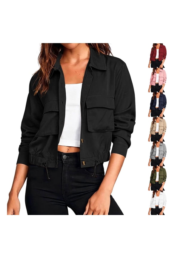 Womens Collared Cargo Pocket Crop Jackets Drawstring Hem Button Front Outerwear Streetwear Relaxed Fit Lightweight Utility Coats