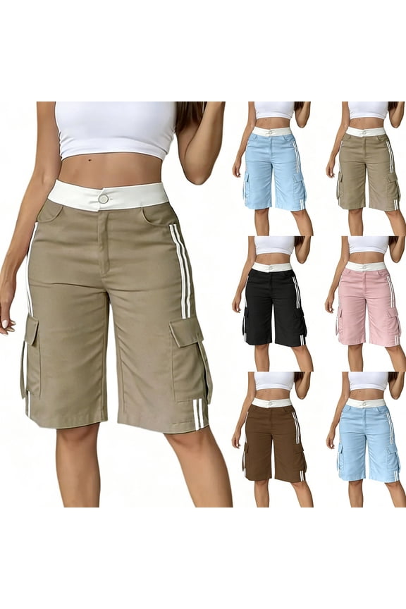 Womens Color Block Cargo Shorts High Waisted Pocketed Casual Streetwear Bottoms Active Knee Length Pants Pink S