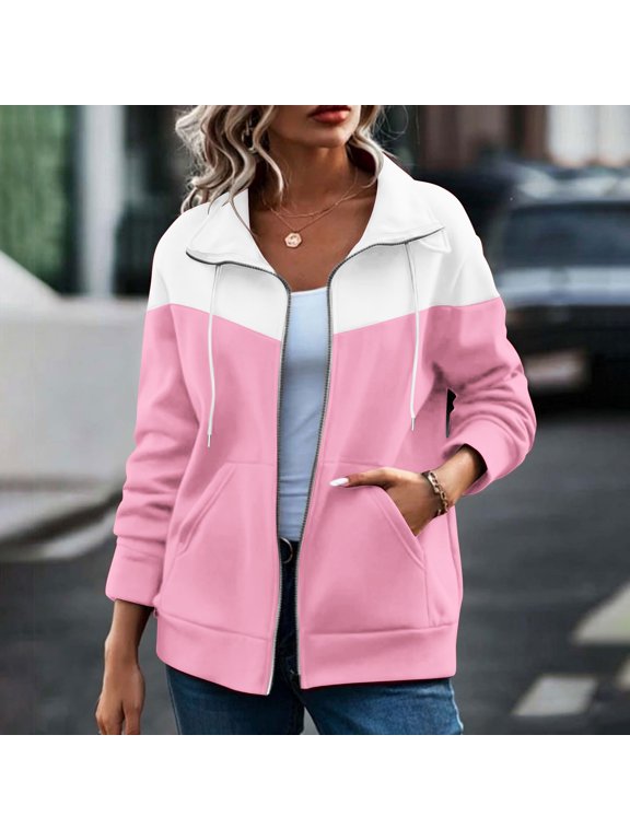 Womens Color Block Stand Collar Full Zip Jacket Drawstring Hood Side Pockets Loose Casual Fall Sweatshirts Jackets Outerwear Coats Pink S