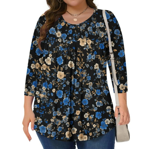 Inverlee Womens Conservative Floral Print 3/4 Sleeve Yoke Tshirts Trendy Plus Size Round Neck Work Blouse Casual Baggy Softy Comfort Tops for Summer