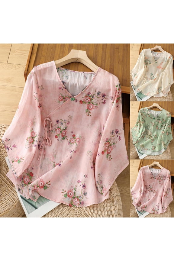Womens Cotton Linen 3/4 Sleeve Tee Tops Elegant Sweet Floral Embroidered V Neck Blouse Trendy Casual Breathable Beach Tshirts