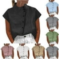 thumbnail image 1 of Inverlee Womens Cotton Linen Button Down Tops Trendy Mock Neck Cap Short Sleeve Shirts Summer Casual Loose Fit Blouses, 1 of 7