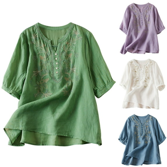 Inverlee Womens Cotton Linen Shirts Casual Short Sleeve Tops Cute Boho Solid Color Embroidery T Shirts Flowy Elegant Tunic Blouse
