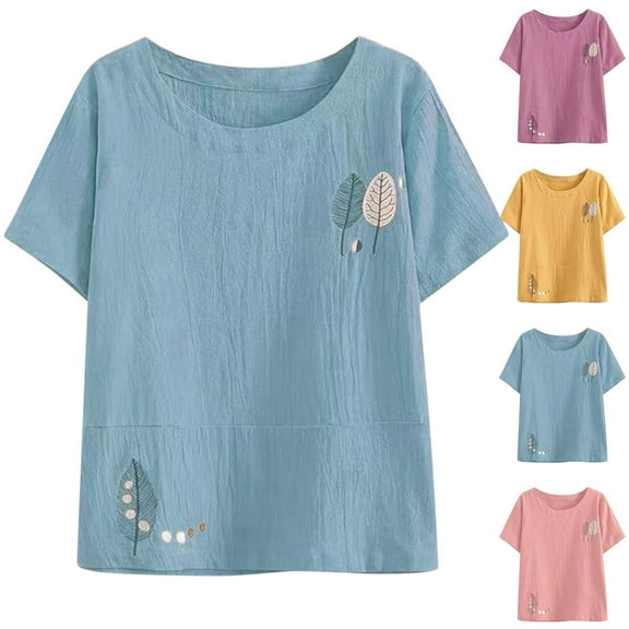 Inverlee Womens Cotton Linen Shirts Casual Short Sleeve Tops Dressy Casual Plus Size Solid Color T Shirts Classic Vacation Tunic Blouse