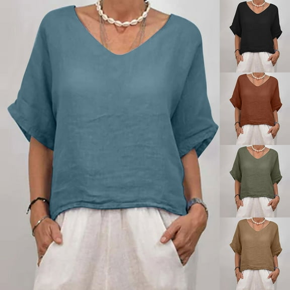 Inverlee Womens Cotton Linen Shirts Casual Short Sleeve Tops Trendy Boho Solid Color T Shirts Soft Holiday Tunic Blouse