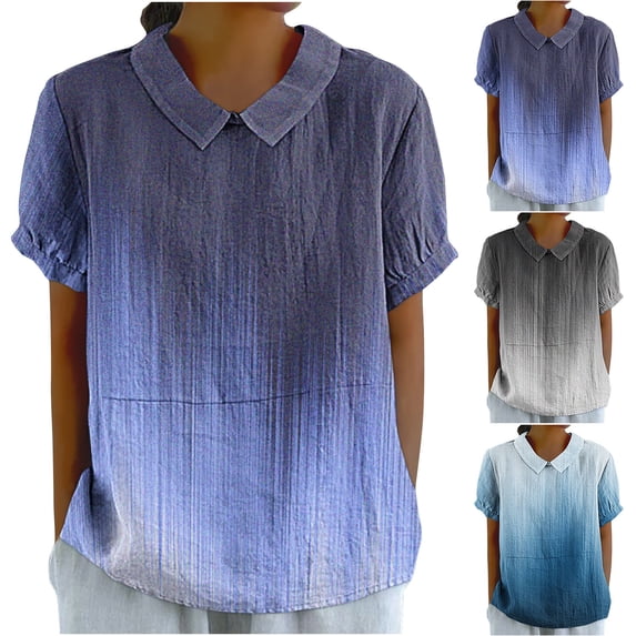 Inverlee Womens Cotton Linen Shirts Casual Short Sleeve Tops Trendy Loose Fit Gradient Print T Shirts Lightweight Vacation Tunic Blouse