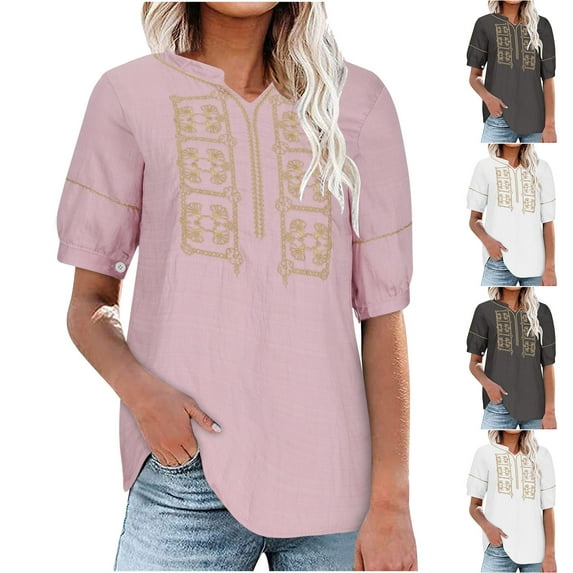 Inverlee Womens Cotton Linen Shirts Summer Short Sleeve Tops Cute Plus Size Solid Color T Shirts Comfy Vacation Tunic Blouse