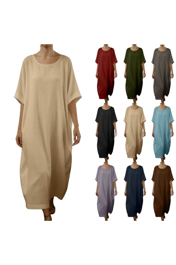 Womens Cotton Linen Short Sleeve Dresses Conservative Solid Crewneck Maxi Dresses Summer Casual Loose Fit Tunic Dresses for Beach