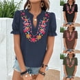 thumbnail image 1 of Inverlee Womens Cotton Linen Split V Neck Puffed Short Sleeve Moxican Tops Trendy Floral Embroidered Dot Tshirts Summer Breathable Lightweight Beach Blouse, 1 of 8