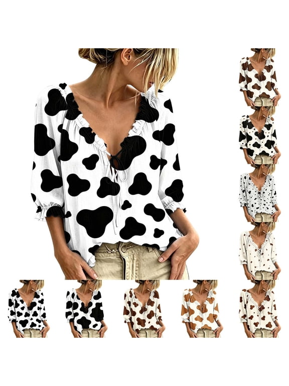 Womens Cow Print Ruffle V Neck Tie Front Three Quarter Puff Sleeve Relaxed Fit Leisure Daily Blouse S-XXXL