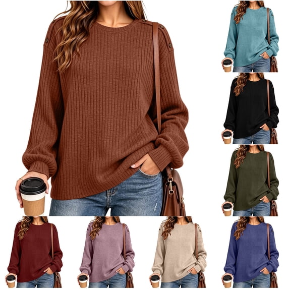 Inverlee Womens Crewneck Long Sleeve Ribbed Button Shoulder Pullover Loose Soft Knit for Casual Daily Sweater Oversized Relaxed Fit Autumn Layering BlouseS-XXL