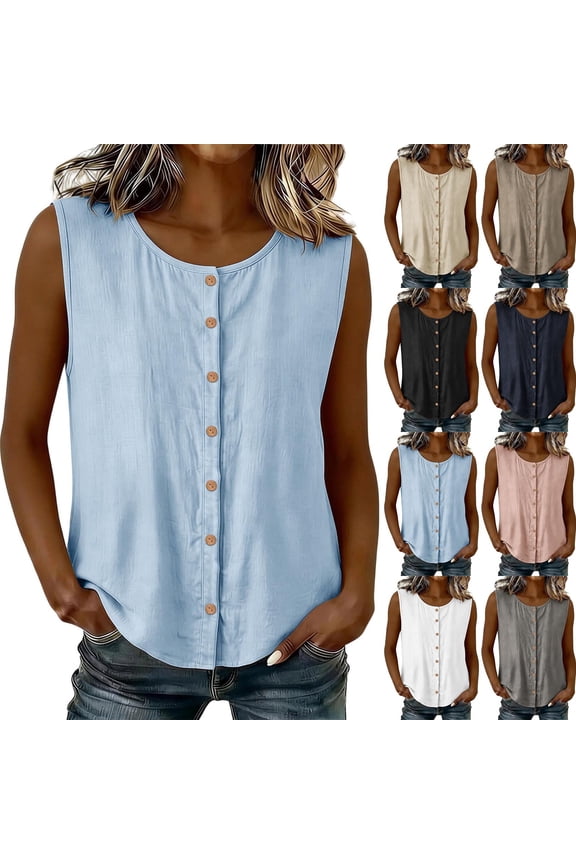 Womens Crewneck Sleeveless Cotton Tops Button Front Casual Shirts Lightweight Loose Fit Daily Blouses Blue XXL