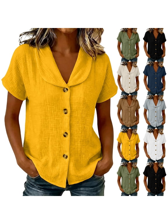 Womens Crinkle Gauze Button Down Shirts Short Sleeve Notched Collar Loose Fit Blouses Casual Office Commute Summer Vacation Daily Tops Navy XL